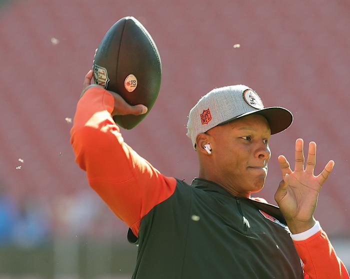 Arizona Cardinals QB Josh Dobbs during pregame warmups for the Cleveland Browns this summer. (Photo by Phil Masturzo of USA Today)